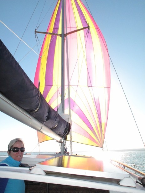 Early morning spinnaker run. Dead downwind with a strong tide running in our favour.
